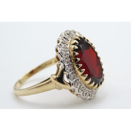 65 - Attractively Detailed Russian Ruby Centre Stone Diamond Cluster Ring 9 Carat Yellow Gold Band Ring S... 