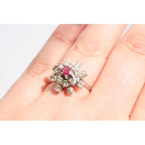 69 - Ruby and Diamond Ladies Cluster Ring Mounted on 18 Carat White Gold Ring Size M