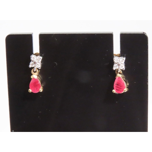 70 - Pair of Pear Cut Ruby and Diamond Set Drop Earrings Set in 18 Carat Yellow Gold Each 2cm Drop