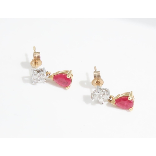 70 - Pair of Pear Cut Ruby and Diamond Set Drop Earrings Set in 18 Carat Yellow Gold Each 2cm Drop