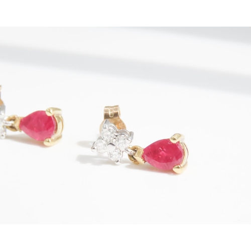 70 - Pair of Pear Cut Ruby and Diamond Set Drop Earrings Set in 18 Carat Yellow Gold Each 2cm Drop