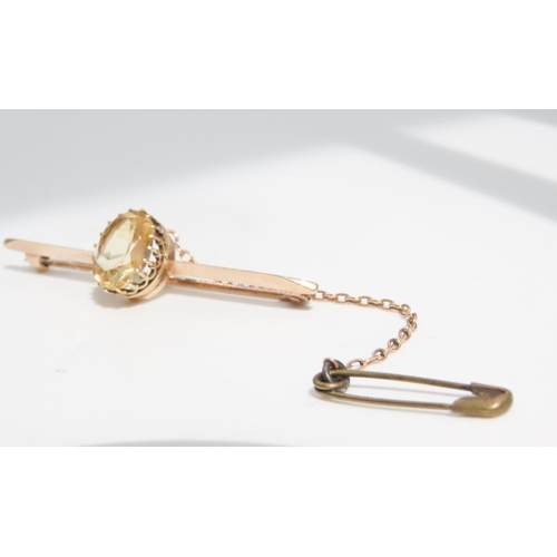 72 - Citrine Set 9 Carat Yellow Gold Ladies Bar Brooch with 9 Carat Yellow Gold Safety Chain and Pin 5cm ... 