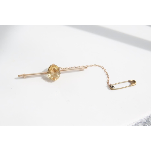 72 - Citrine Set 9 Carat Yellow Gold Ladies Bar Brooch with 9 Carat Yellow Gold Safety Chain and Pin 5cm ... 