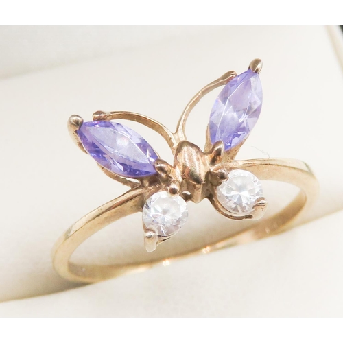 721 - Amethyst and White Topaz Set Butterfly Motif Ring Mounted in 9 Carat Yellow Gold Ring Size P