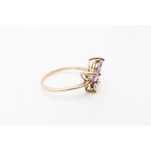 721 - Amethyst and White Topaz Set Butterfly Motif Ring Mounted in 9 Carat Yellow Gold Ring Size P