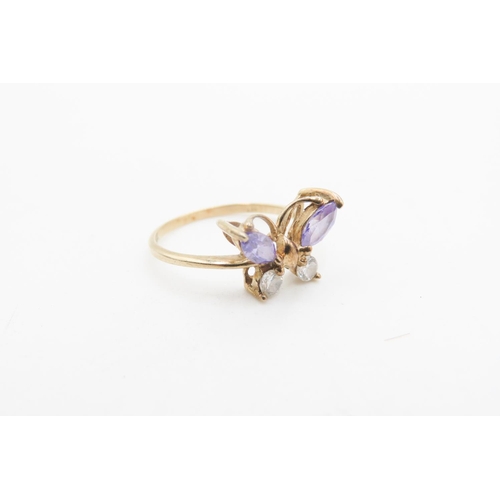 721 - Amethyst and White Topaz Set Butterfly Motif Ring Mounted in 9 Carat Yellow Gold Ring Size P