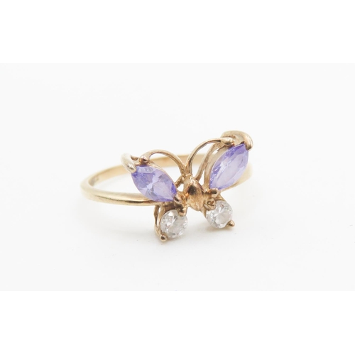 721 - Amethyst and White Topaz Set Butterfly Motif Ring Mounted in 9 Carat Yellow Gold Ring Size P