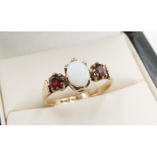 722 - Three Stone Basket Set Garnet and Opal Ring Mounted in 9 Carat Yellow Gold Ring Size N