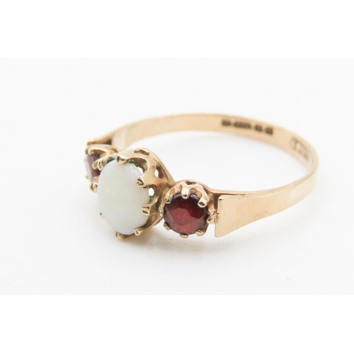 722 - Three Stone Basket Set Garnet and Opal Ring Mounted in 9 Carat Yellow Gold Ring Size N