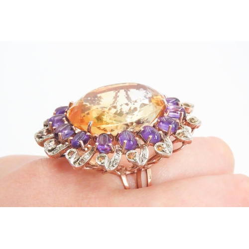 73 - Citrine Oval Cut Statement Ring Mounted on 9 Carat Rose Gold Band Further Set with Entourage of Amet... 