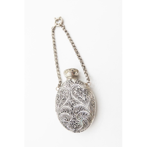 730 - Silver Perfume Bottle with Original Sliver Carry Chain Inset Cameo Decoration 7cm High