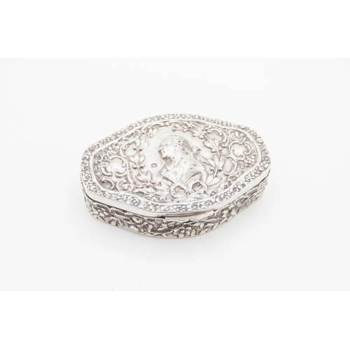 740 - Silver Snuff Box Shaped Form Hinged Cover Attractively Decorated Gilded Interior 5.5 cm Wide