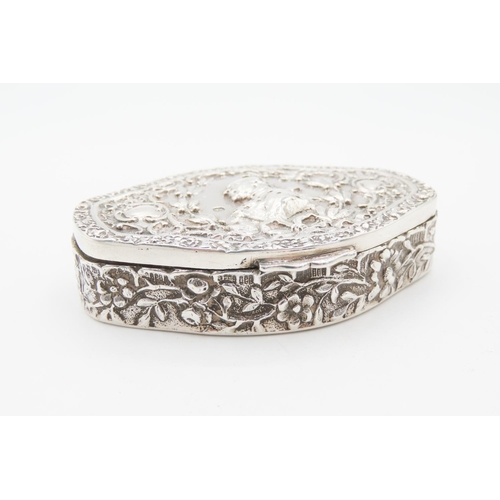 740 - Silver Snuff Box Shaped Form Hinged Cover Attractively Decorated Gilded Interior 5.5 cm Wide