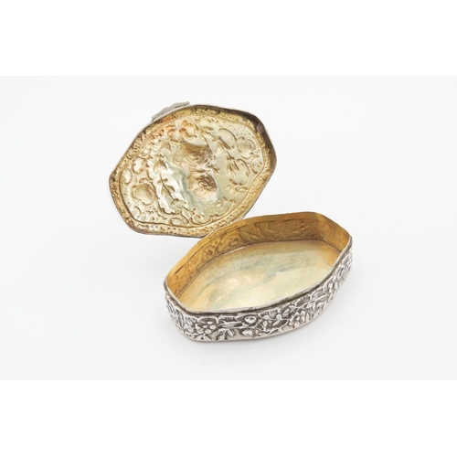 740 - Silver Snuff Box Shaped Form Hinged Cover Attractively Decorated Gilded Interior 5.5 cm Wide