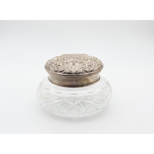 744 - Large silver Top Cut Crystal Desk Jar 6cm  High and 11cm Diameter