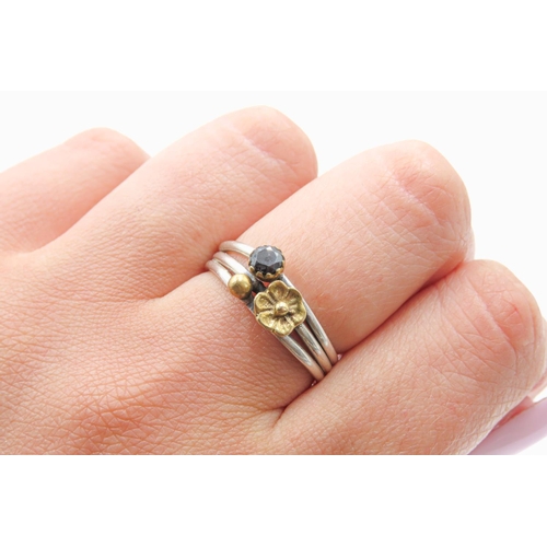 100 - 9 Carat Yellow Gold and Sapphire Single Stone Ring Mounted on Ribbed Silver Band Ring Size R