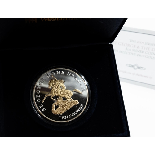 1012 - The 2009 Jersey St George & The Dragon 5 Ounce Silver Ten Pounds Coin with Selective 24 Carat Gold P... 