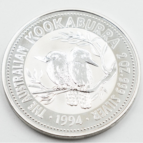 1016 - 2 Ounce Fine Silver 2 Dollar Coin The Australian Kookaburra 1994 within Original Presentation Case