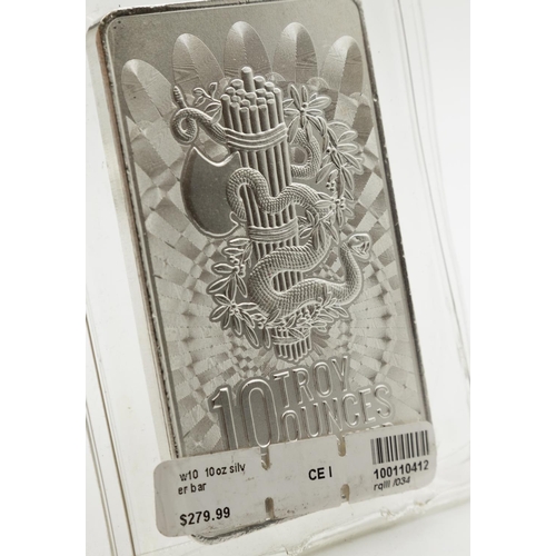 1034 - Ten Troy Ounces E Pluribus Unum Fine Silver Bar Encapsulated Mint Condition