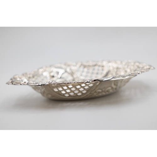 1057 - Silver Strawberry Dish Oval Form Rocco Motifs Approximately 14cm Wide