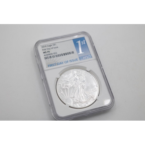 1081 - One Ounce Fine 999 Silver United States of America One Dollar Coin Dated 2018 Encapsulated Mint Cond... 