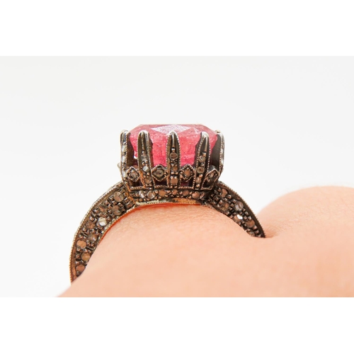 110 - Unusual Form Ruby Single Stone Ring with Diamonds to Setting and Band Mounted in 9 Carat Yellow Gold... 