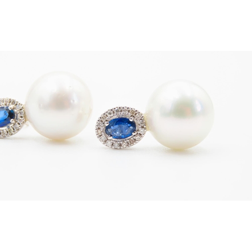 114 - Pair of Sapphire and Diamond Set Ladies Pearl Earrings Set in 18 Carat White Gold Each 2.5cm High