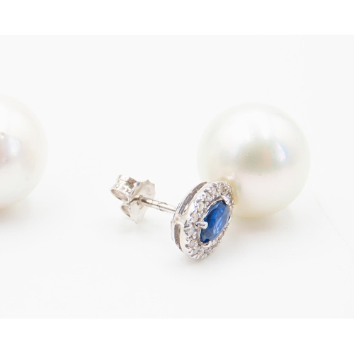 114 - Pair of Sapphire and Diamond Set Ladies Pearl Earrings Set in 18 Carat White Gold Each 2.5cm High