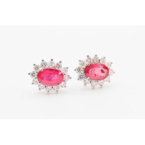 117 - Pair of Ruby and Diamond Set  Cluster Earrings Mounted in 18 Carat White Gold Ruby of High Color Eac... 