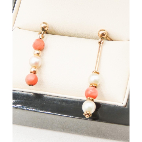 12 - Pair of Coral and Seed Pearl Set Ladies Earrings Mounted on 9 Carat Yellow Gold 3cm and 2cm Drop