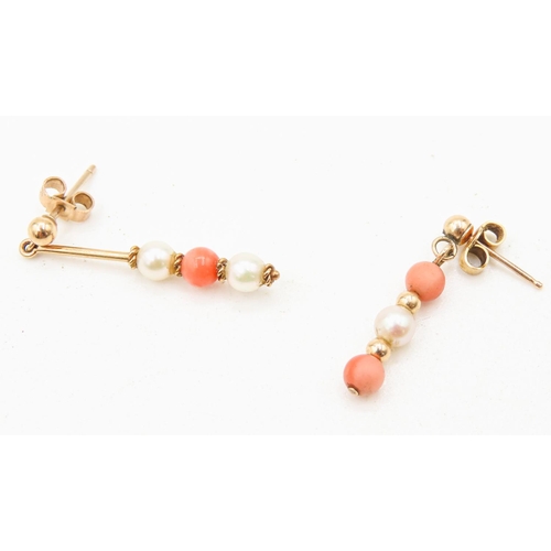 12 - Pair of Coral and Seed Pearl Set Ladies Earrings Mounted on 9 Carat Yellow Gold 3cm and 2cm Drop