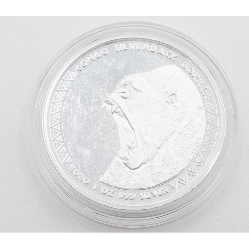 1236 - One Ounce Fine 999 Silver Congo Silverback Gorilla 5000 Francs Coin 2020 Encapsulated Mint Condition