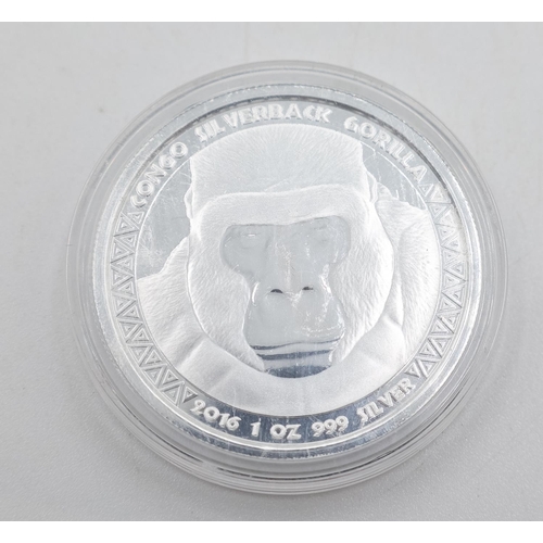 1260 - One Ounce Fine 999 Silver Congo Silverback Gorilla 5000 Francs Coin 2016 Encapsulated Mint Condition