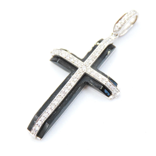 127 - Unusual Black Onyx Diamond Set Cross Pendant Mounted on 14 Carat White Gold 4cm High Further Set on ... 