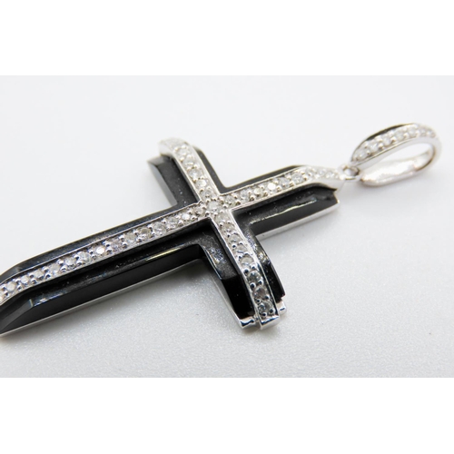 127 - Unusual Black Onyx Diamond Set Cross Pendant Mounted on 14 Carat White Gold 4cm High Further Set on ... 