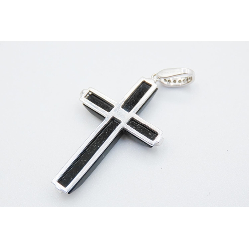 127 - Unusual Black Onyx Diamond Set Cross Pendant Mounted on 14 Carat White Gold 4cm High Further Set on ... 