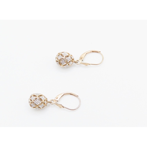 133 - Pair of 9 Carat Yellow Gold Diamond Set Egg Form Drop Earrings Each 2.5cm High