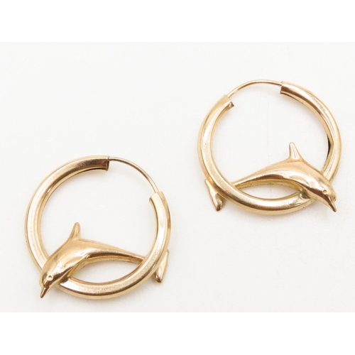 148 - Pair of 9 Carat Yellow Gold Dolphin Motif Hoop Earrings Each 2.5cm High