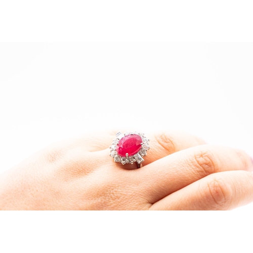 155 - Ruby Centre Stone Ring with Round Cut and Baguette Cut Diamond Halo Surround Set in Platinum Ring Si... 