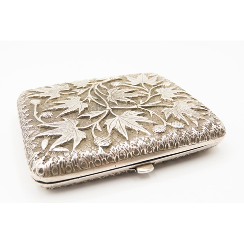 173 - Silver Cigarette Case Hindged Cover Gilded Interior Attractively Detailed Thistels 11cm Diameter 6cm... 