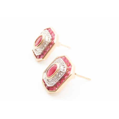 174 - Pair of 9 Carat Yellow Gold Ruby and Diamond Set Earrings Each 11mm High