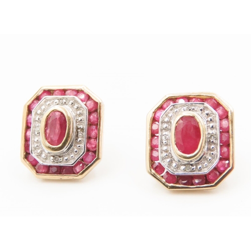 174 - Pair of 9 Carat Yellow Gold Ruby and Diamond Set Earrings Each 11mm High