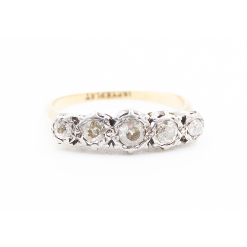 175 - Five Stone Diamond Ring Rubover Set in Platinum Mounted on 18 Carat Yellow Gold Ring Size N