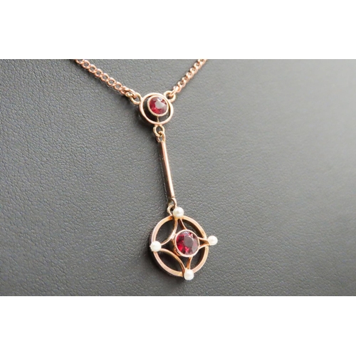 178 - Ruby and Seed Pearl Set Ladies Necklace Mounted on 9 Carat Rose Gold 46cm Long Pendant Drop 3.5cm