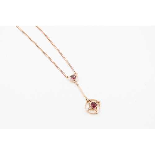 178 - Ruby and Seed Pearl Set Ladies Necklace Mounted on 9 Carat Rose Gold 46cm Long Pendant Drop 3.5cm