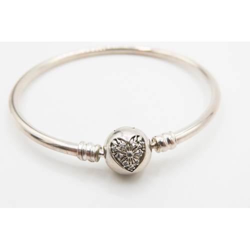 179 - Pandora Silver Bangle Love Heart Motif Clasp Engraved 'You Melt My Heart' 5.5cm Diameter Original Pr... 