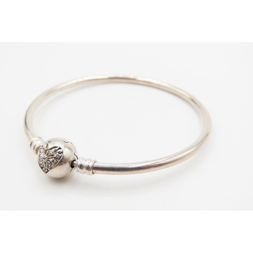 179 - Pandora Silver Bangle Love Heart Motif Clasp Engraved 'You Melt My Heart' 5.5cm Diameter Original Pr... 