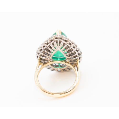 19 - Finely Detailed Pear Cut Exceptional Columbian Emerald Three Double Prong Set Statement Ring with Tw... 