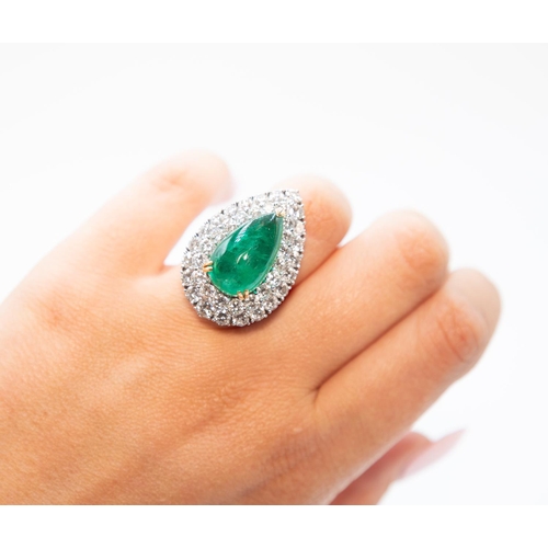 19 - Finely Detailed Pear Cut Exceptional Columbian Emerald Three Double Prong Set Statement Ring with Tw... 