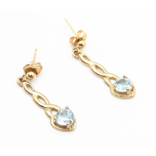 194 - Pair of Heart Cut Aquamarine Set Drop Earrings Mounted in 9 Carat Yellow Gold 2.5cm Drop